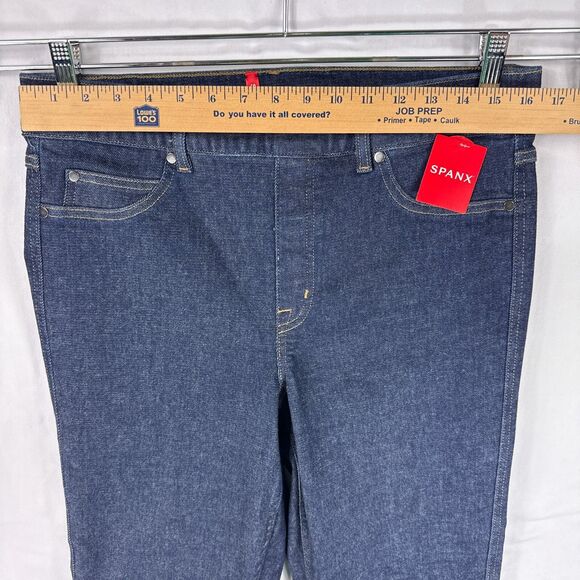 Spanx XL Cropped Kick Flare Jeans Raw Indigo Dark Blue Denim Pull On Stretch - Picture 8 of 11